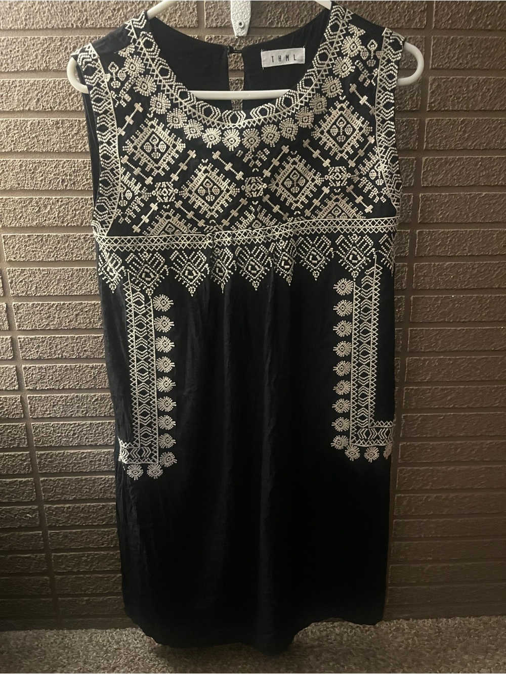 THML Black Midi Dress with White Embroidered Geometric Detail